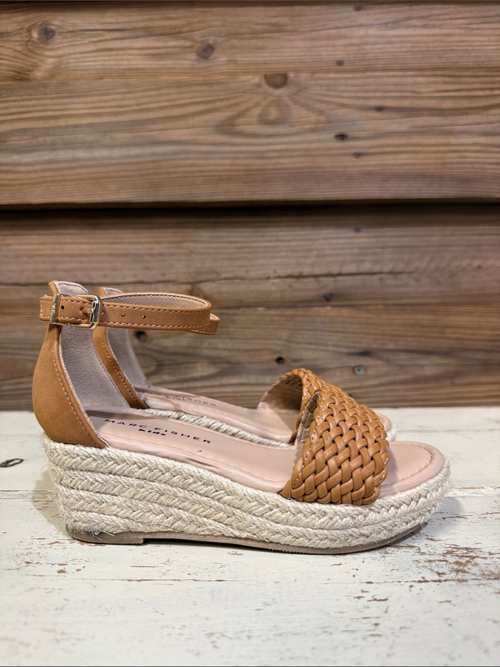 Marc Fisher Tan Woven Espadrille Wedge Sandal with Ankle Strap